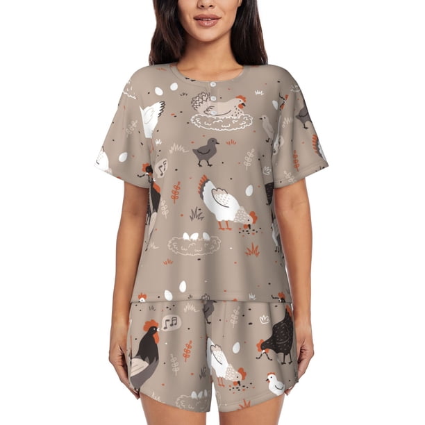 Fotbe Chicken Conjunto de Pijama Estampado para Mujer, 2 Piezas, Ropa de Dormir con Camiseta de Manga Corta y Shorts Suaves-Medium