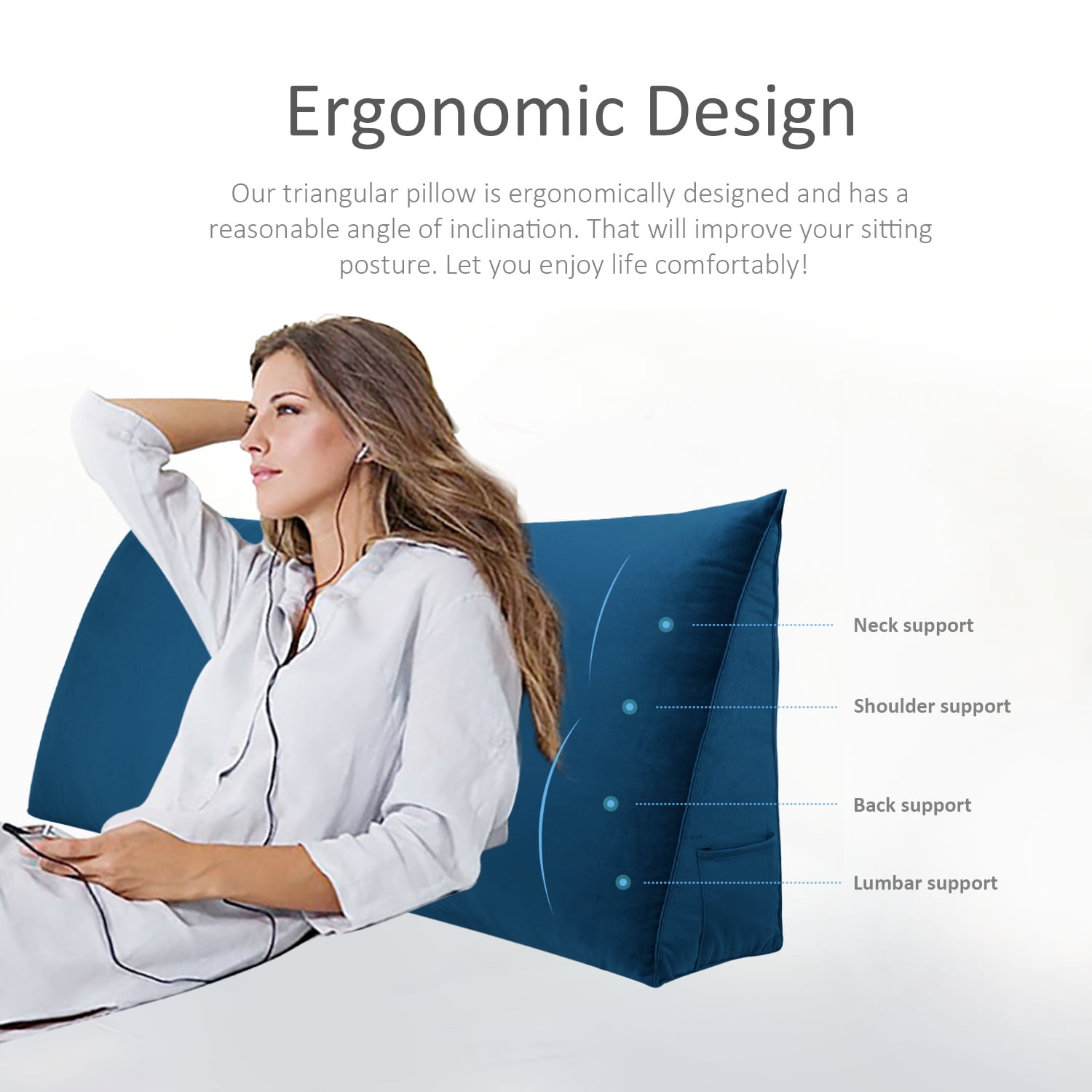 WOWMAX Large Reading Bed Wedge Pillow , Triangular Upholstered Headboard, Backrest Back Support for Sitting Up in Bed With Removable Velvet Deep Blue Cover, Queen