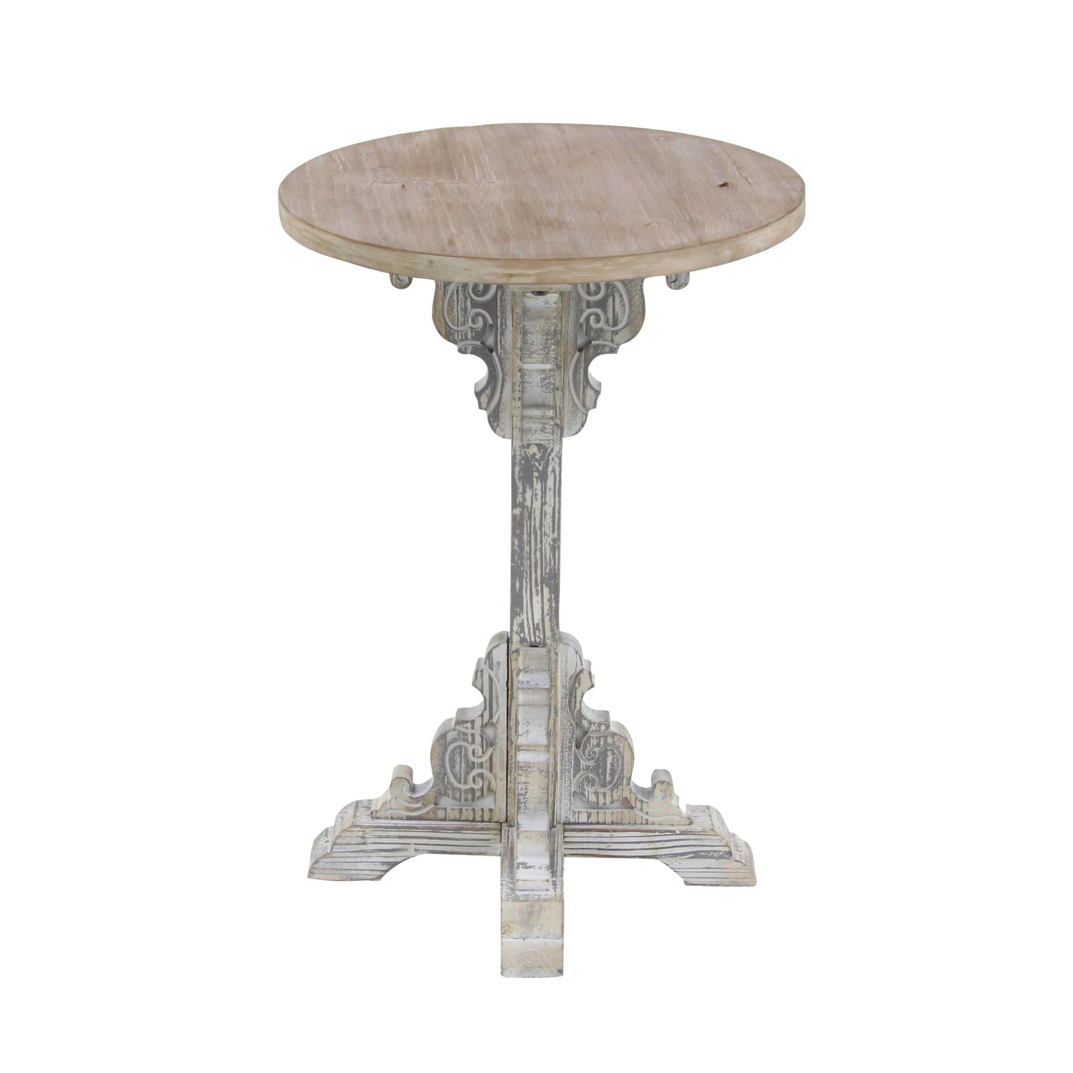 DecMode Farmhouse Wood Round Accent Table with Carved Floral Leg Stand and Brown/White Distressed Finish, 15"W x 23"H