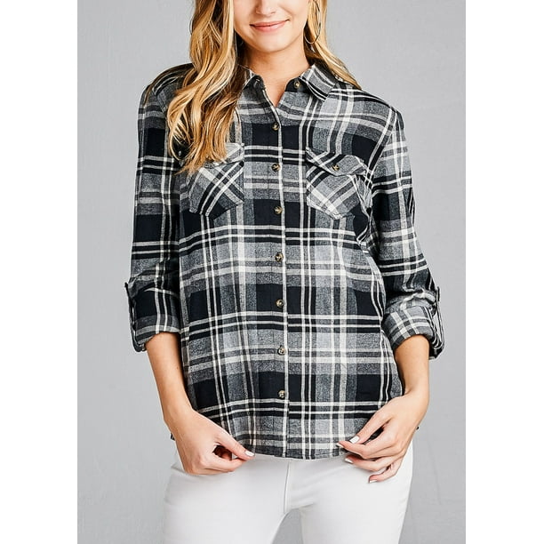 Moda Xpress - Womens Button Up Shirt 3/4 Sleeve Cotton Shirt Collar ...