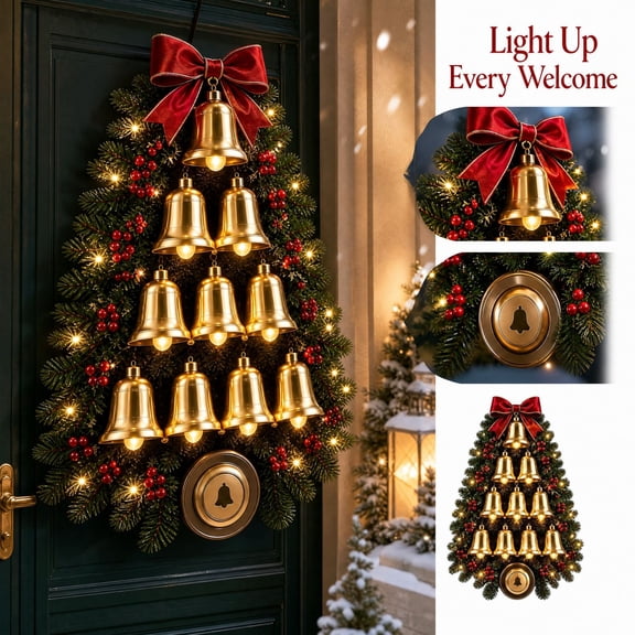 Christmas Swag Red Bow Bells Faux Pine Winter Decor with LED Lights | Front Door Window Wall, Teardrop Wreath Farmhouse Style, Artificial Branches Gold Bells, Tree Shape Holiday Decoration Design