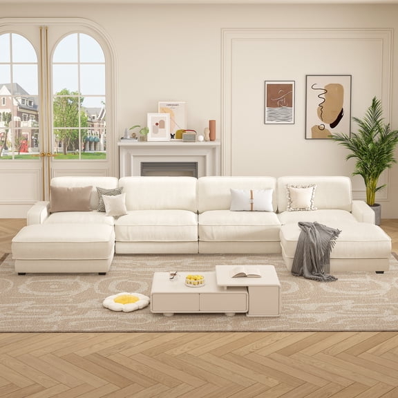 Oversized 160" Modular Sectional Sofa, Comfy 6-Seat U-Shaped Cloud Couch Set with 2 Pillows & 2 Movable Ottomans, Chenille Beige