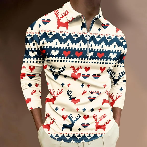Aimik Hanes Mens Ugly Christmas Shirt Quarter Zip Up Polo Shirts Turtleneck Long Sleeve Slim Fit Polo Pullover