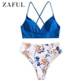 thumbnail image 2 of ZAFUL for Women Floral Crisscross High Rise Tankini Swimsuit Blue XL, 2 of 6