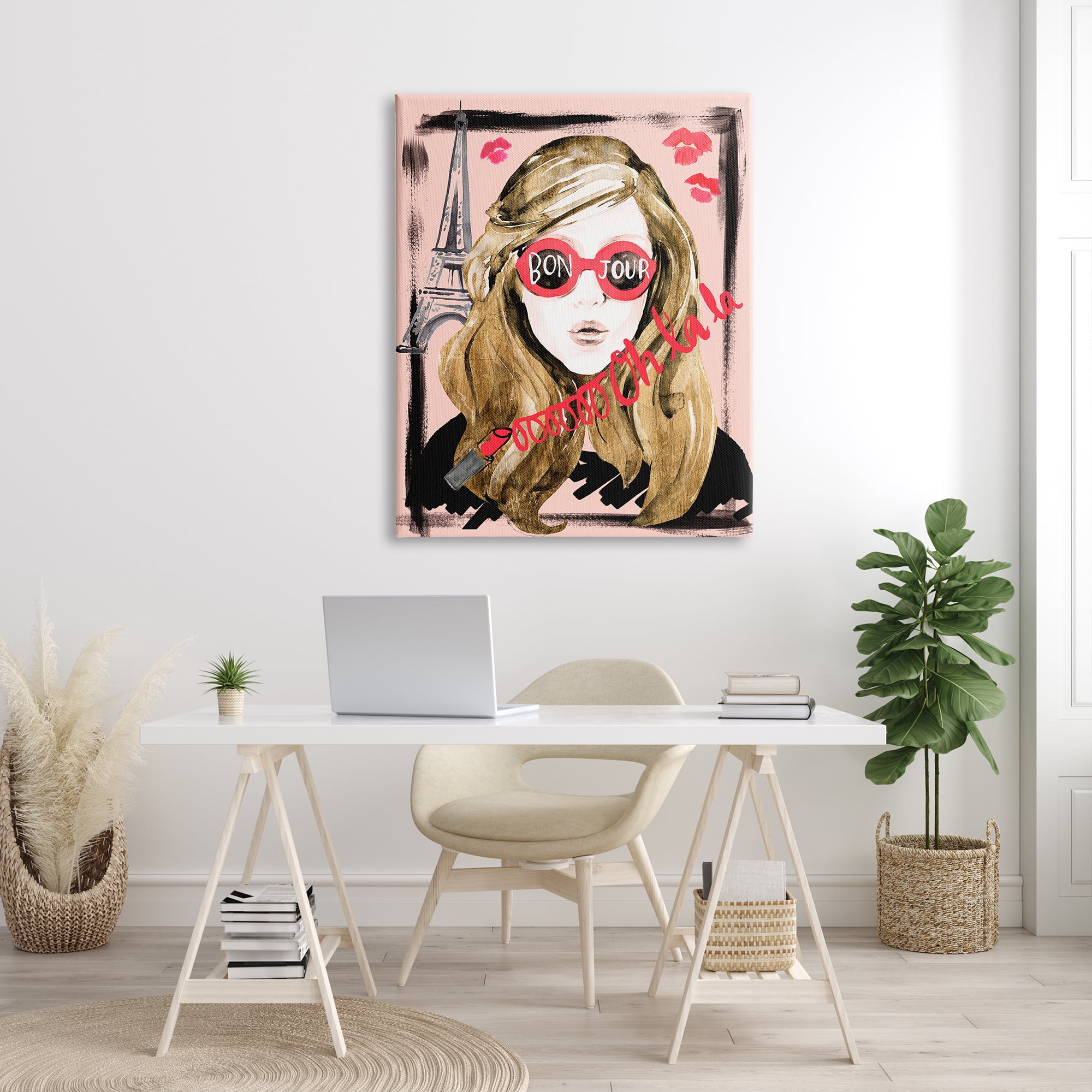 Stupell Industries Bon Jour Greeting Red Shades Glam Parisian Woman Beauty & Fashion Painting Gallery Wrapped Canvas Print Wall Art, 36 x 48