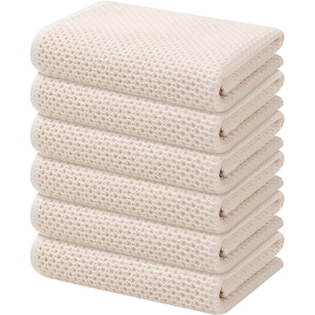 JJEAN-100% Cotton Waffle Weave Kitchen Hand Towels (13 X 28 Inches Beige) 6-Pack Super Soft and Absorbent Dish Towel for Drying Dishes