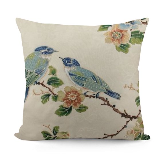 SHANXI Embroidered Flower Birds Throw Pillow Covers Spring Decorative Peach Blossom Pillowcases ) (whiteblue) 12x12in