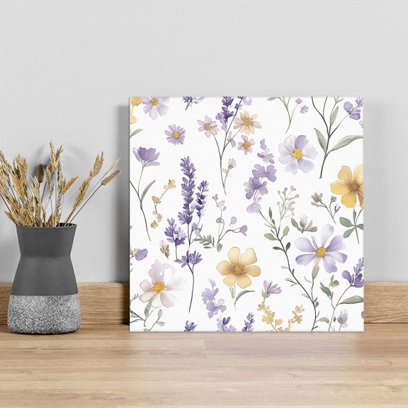Purple Yellow Flowers Wall Art Painting on Canvas, Spring Pastoral Botanical Floral Canvas Art Home Prints Wall Art Framed Modern Artwork for Living Room Bedroom Wall Decor 16x16in