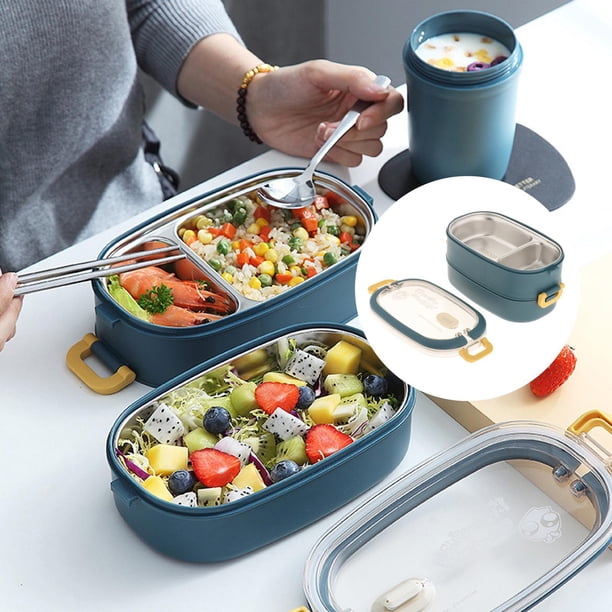 Caja Bento portátil perfecl de acero inoxidable para niños y adultos 2 capas azul