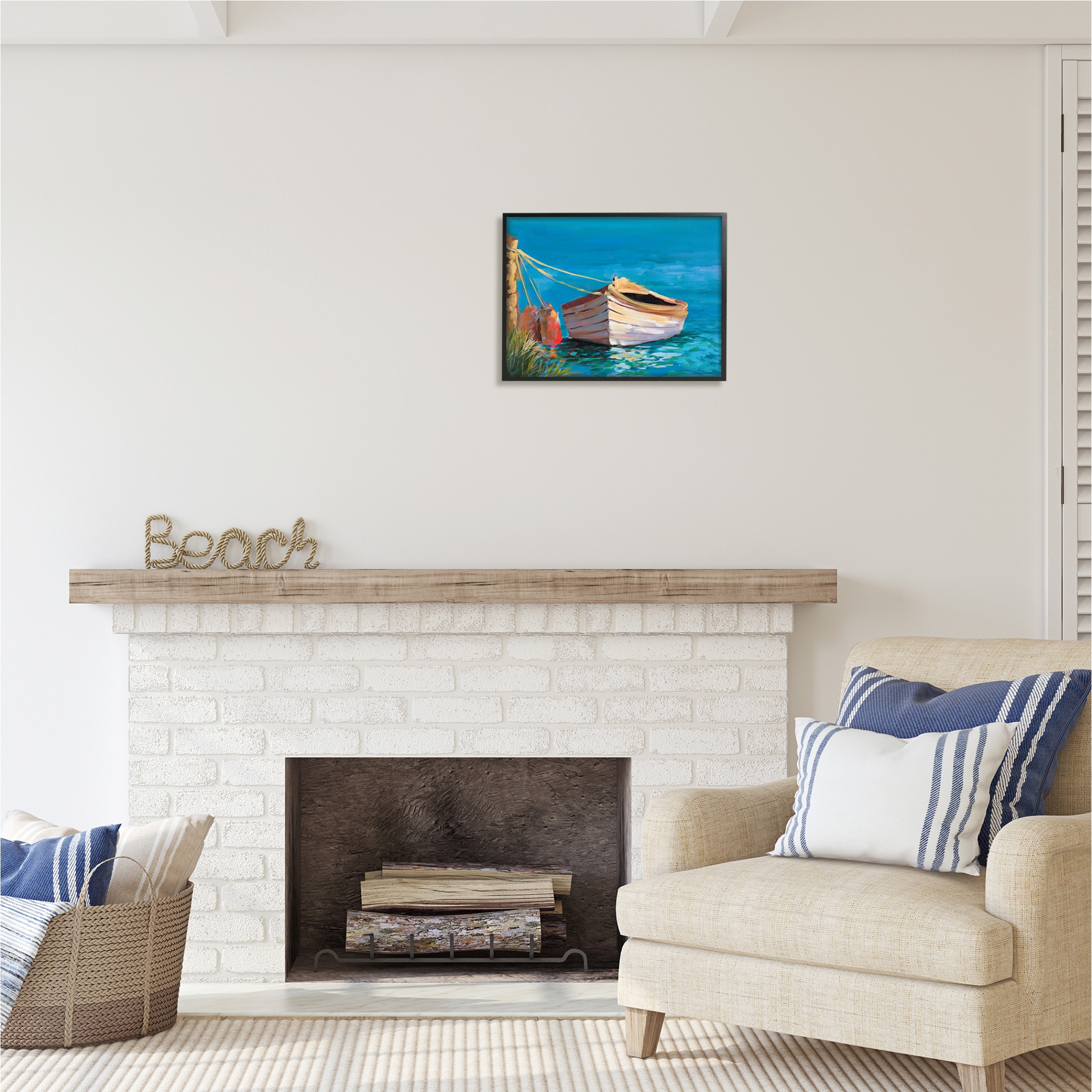 Stupell Industries Docked Boat in Lake Transportation Painting Black Framed Art Print Wall Art, 20 x 16