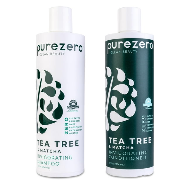 Purezero Tea Tree & Matcha Champú y Acondicionador Set - Tratamiento nutritivo y vigorizante para el cuero cabelludo - Cero sulfatos, parabenos, colorantes veganos y sin crueldad (12 onzas líquidas (p