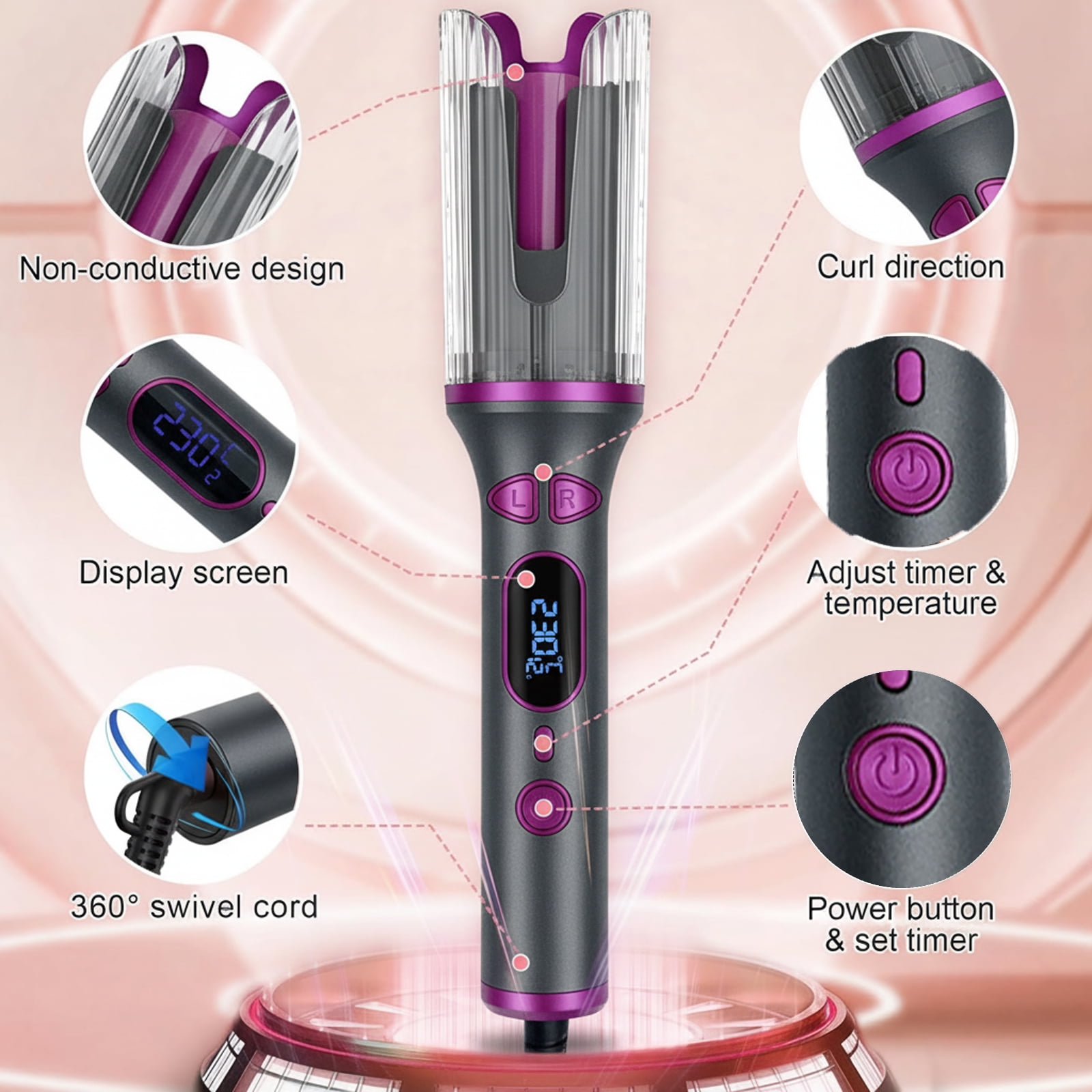 Automatic Rotating Curling Iron, Taotique Auto Curling Wand with 1 inch Large Ceramic Barrel, Dual Voltage Hair Curler with 14 Temperature & 6 Timer, Auto Rotating Wave Curling Iron Hot Tools, Pink