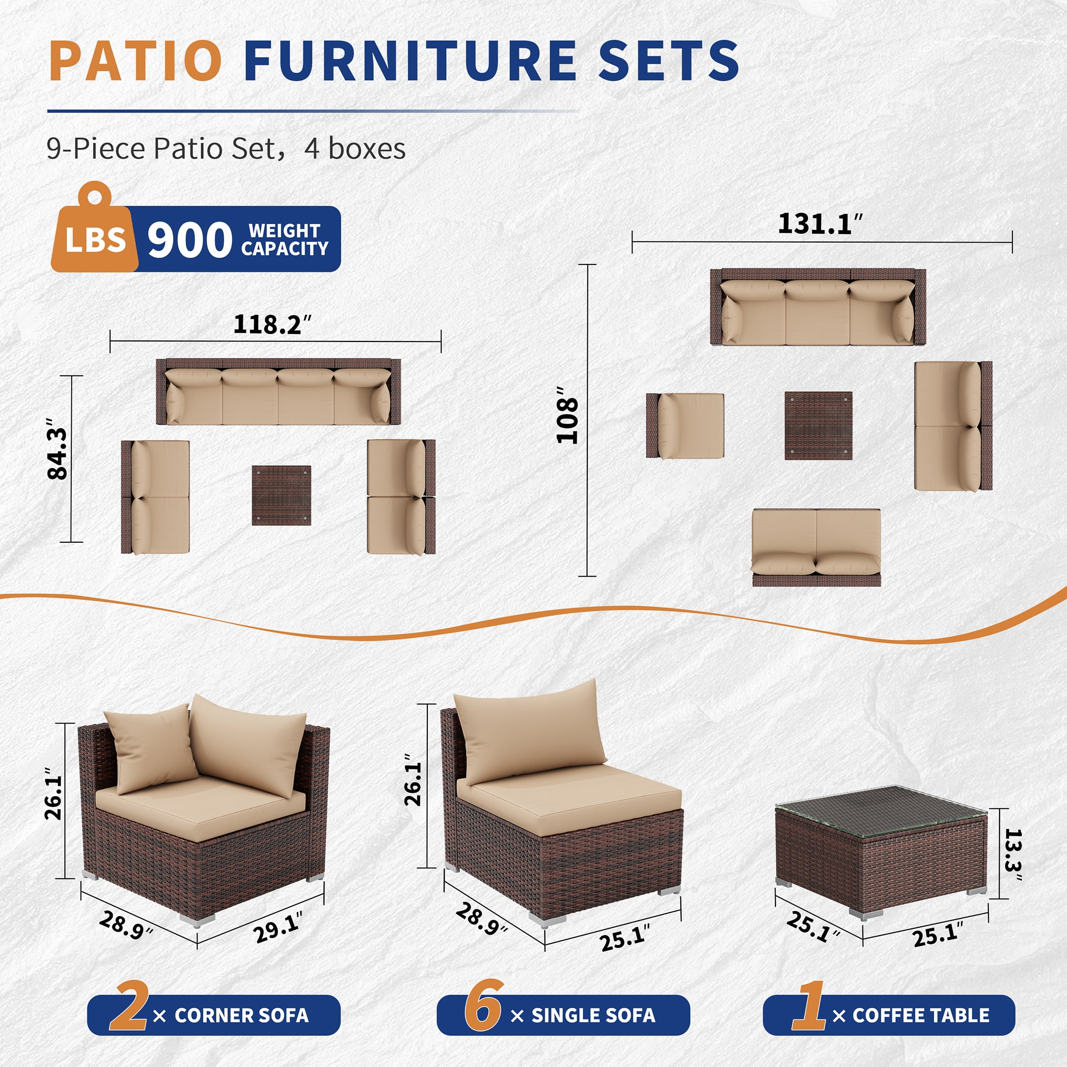 UDPATIO Patio Furniture Sets, Modular Rattan Outdoor Patio Sectional Furniture Sofa Set, Wicker Patio Conversation Set for Backyard,9PCS