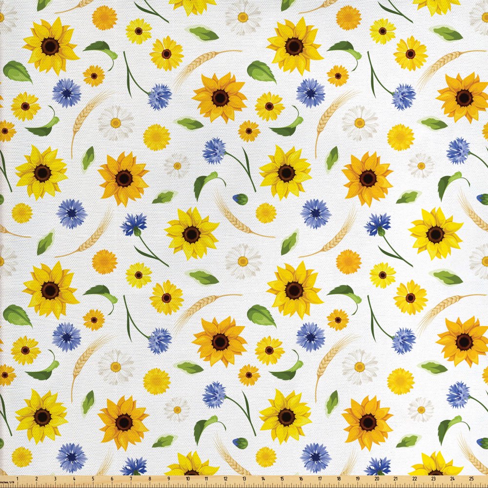 Yellow and White Fabric by The Yard, Botanical Arrangement of Summer