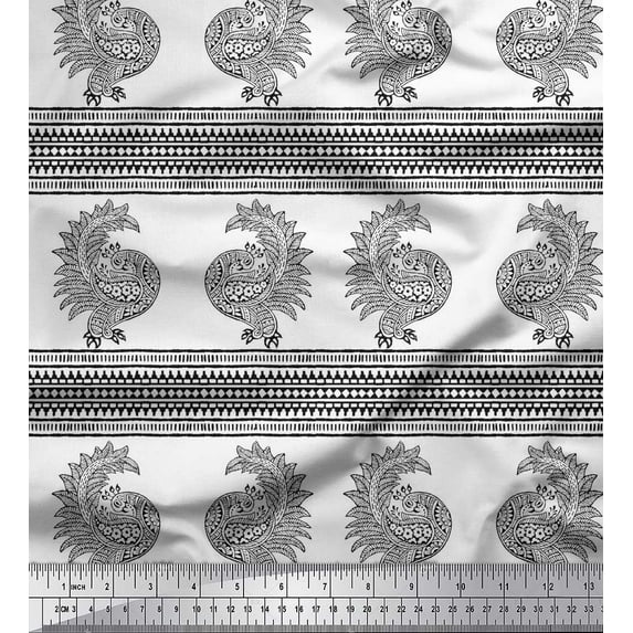 Soimoi Crepe Silk Fabric Peacock Block Print Fabric by Yard 42 Inch Wide