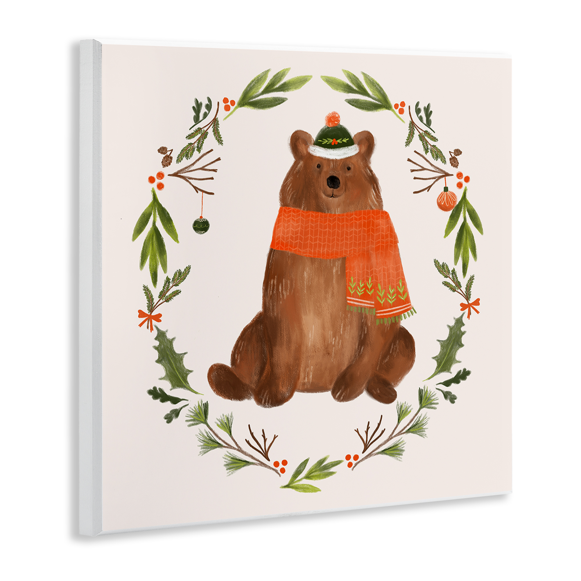 Stupell Industries Holiday Bear Wreaf Holiday Painting Unframed Art Prints Wall Art, 12 x 12