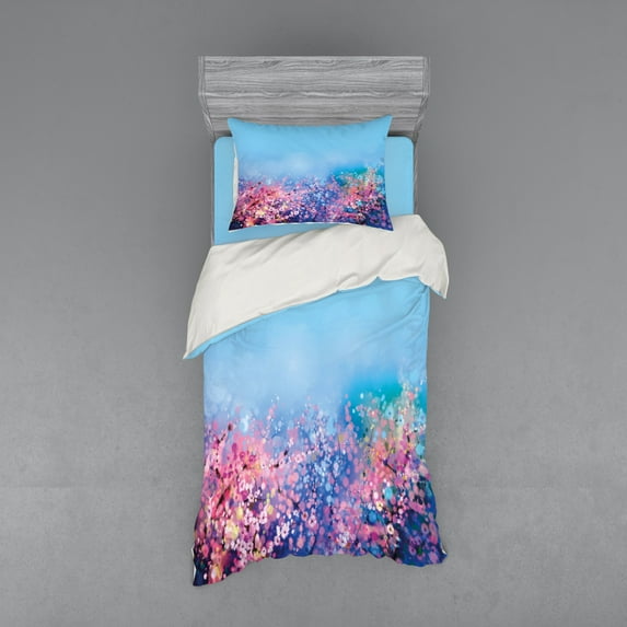 Ambesonne Floral Bedding Set 3 Pcs, Retro Cherry Blossom, Twin XL, Pink Blue