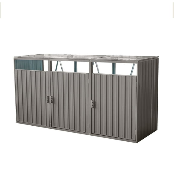 Garbage Bin Shed Stores 3 Trash Cans Metal Outdoor Bin Shed for Garbage Storage,rust-proof and scratch- resistant,Stainless Galvanized Steel, Bin Shed for Garden Yard Lawn,Grey