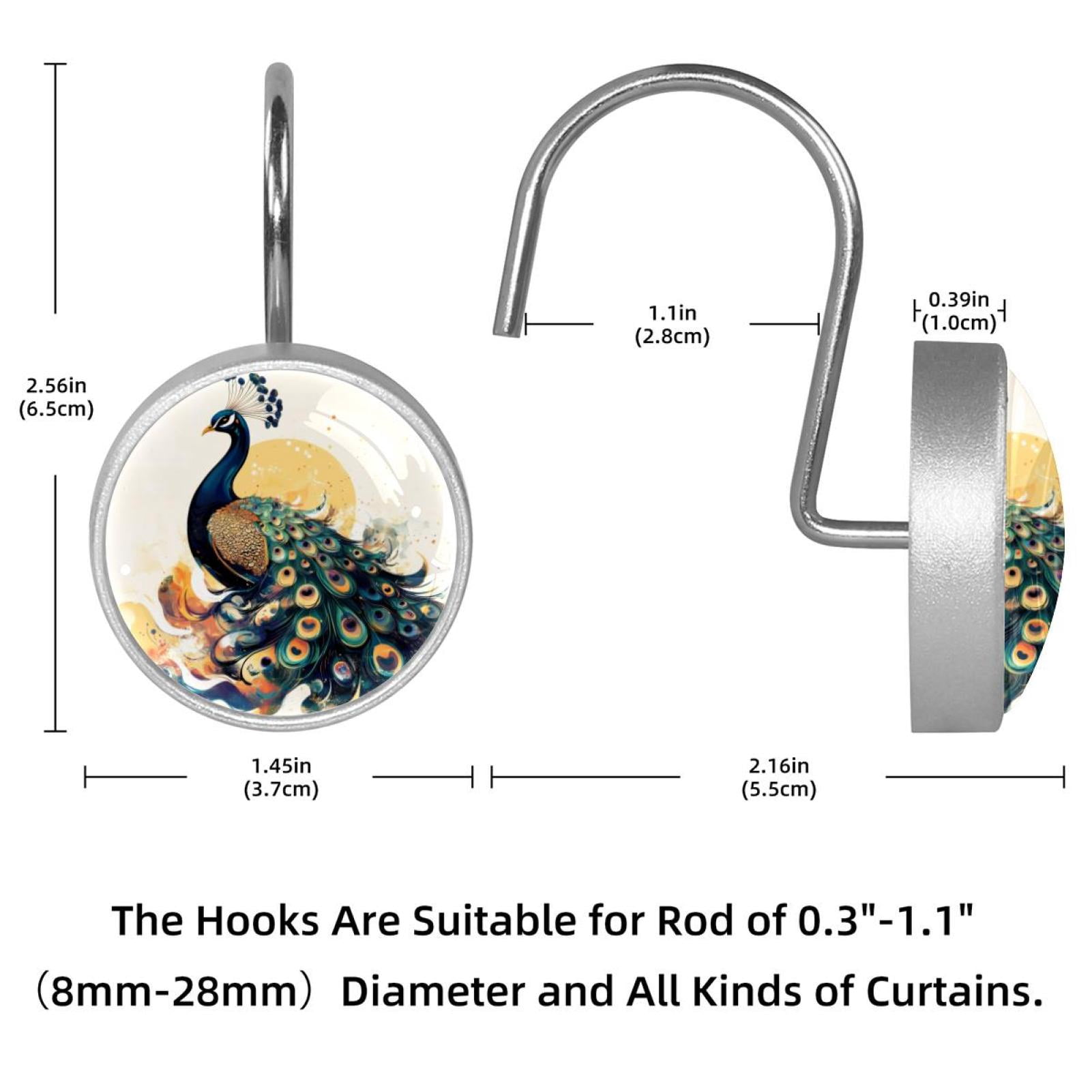12pcs Decorative Shower Curtain Hooks, Rust Resistant Shower Rings for Bathroom Living Room,Rustproof Stainless Steel Rings for Shower Curtain and Liner Rods,Peacock Illustration