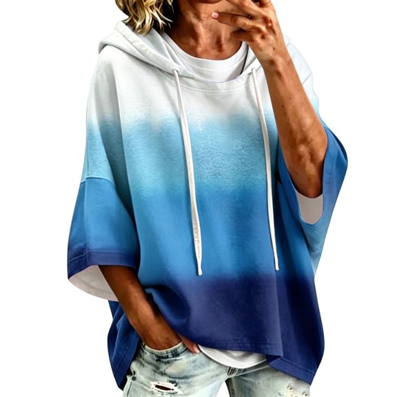 Gradient Hoodies for Women 3/4 Sleeve Tops Drop Shoulder Winter Clothes Slouchy Drawstring Fashion Clothing Pullover Hooded Sweatshirts Casual Oversized Fall Outfits for Women