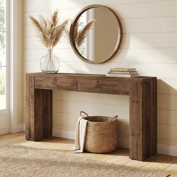 Fnova 63" Solid Wood Console Table with 2 Drawers, Farmhouse Extra Long Entryway Table, Rustic Sofa Table for Living Room, Hallway, Foyer