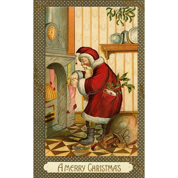 Christmas card Santa filling stocking (unknown artist) Canvas Art - (24 x 36)
