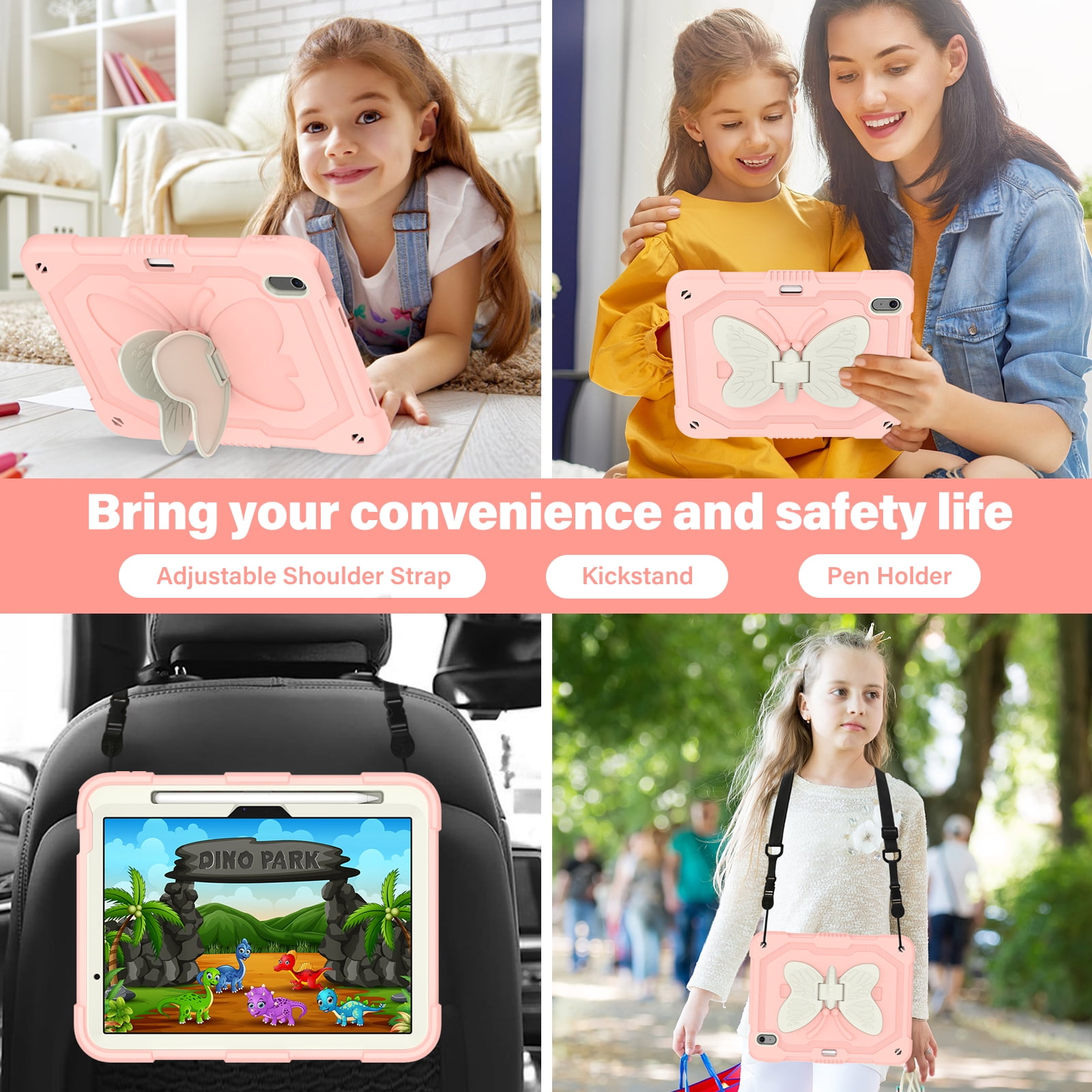 For iPad Air 11 M4 M3 M2 2026 2025 2024 Case, Cute Butterfly Design Heavy Duty Shockproof Shoulder Strap Pencil Holder Kickstand Bumper Kids Friendly Rugged Case for Apple iPad Air 11", Pink+Beige