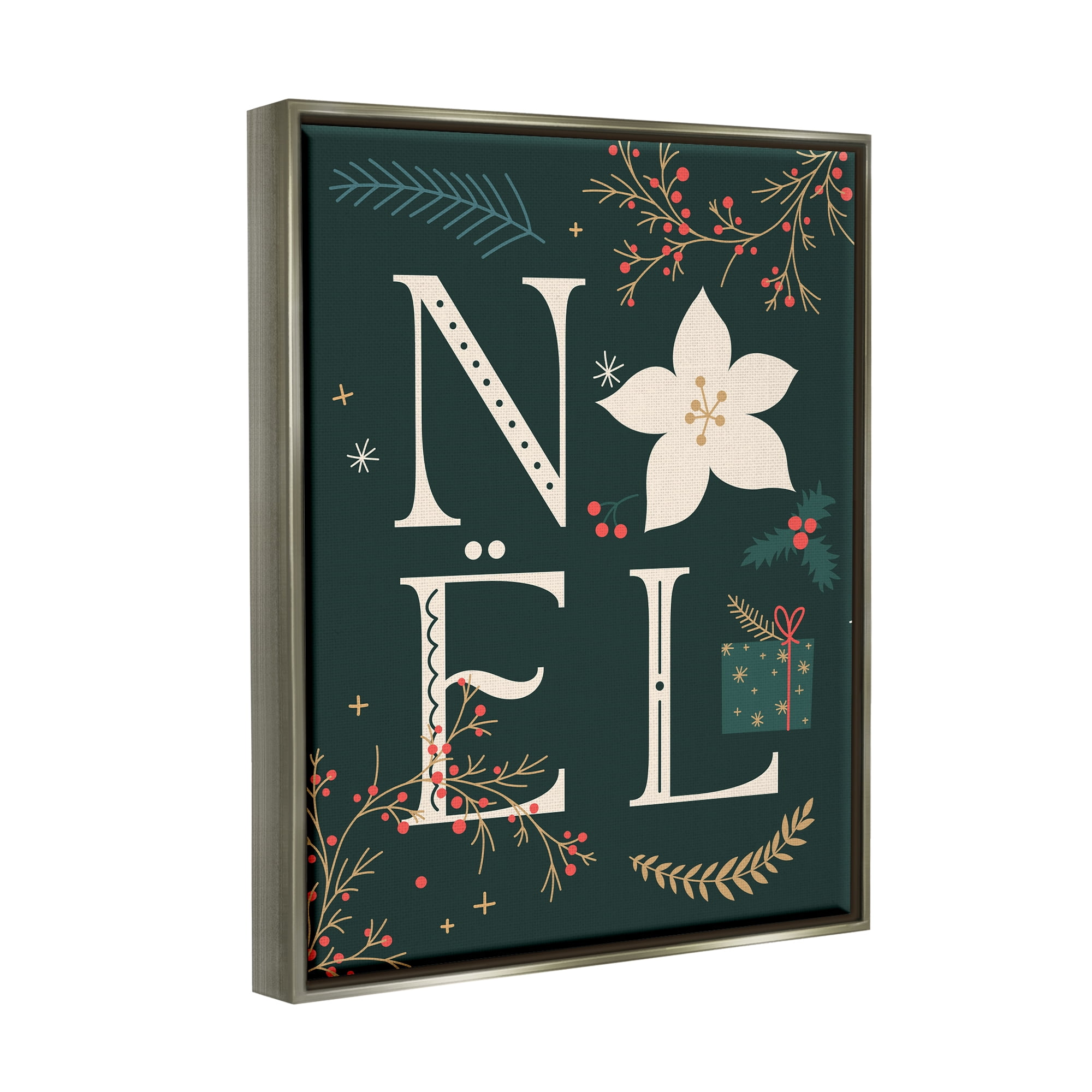 Stupell Industries Noel with Christmas Bloom Holiday Painting Gray Floater Framed Canvas Art Print Wall Art, 17 x 21