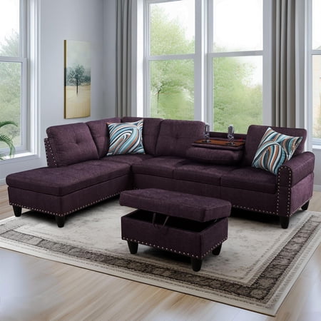 Aukfa 3 Piece Sectional Sofa, Living Room Couch with Storage Ottoman&Cup Holder, Linen, Left Hand, Purple