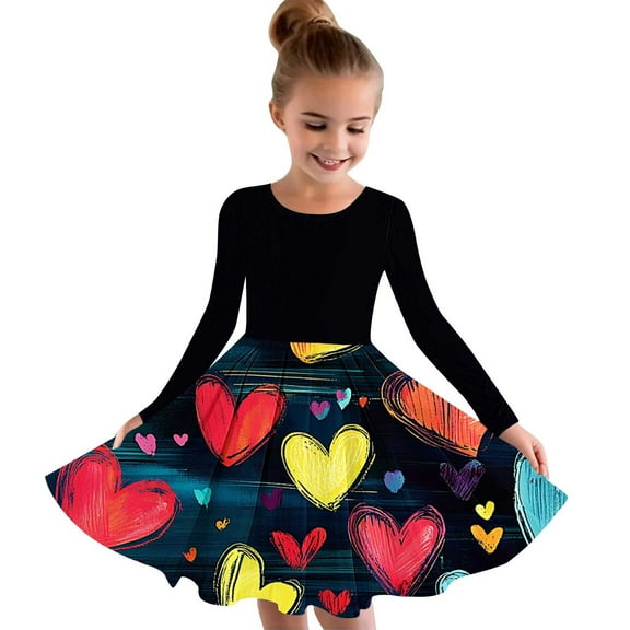 FamilyThread Girls Dress Fashion Long Sleeve Heart Print Toddler Little Big Girl Unicorn Mermaid Casual A Line Dresses For 4-14Y