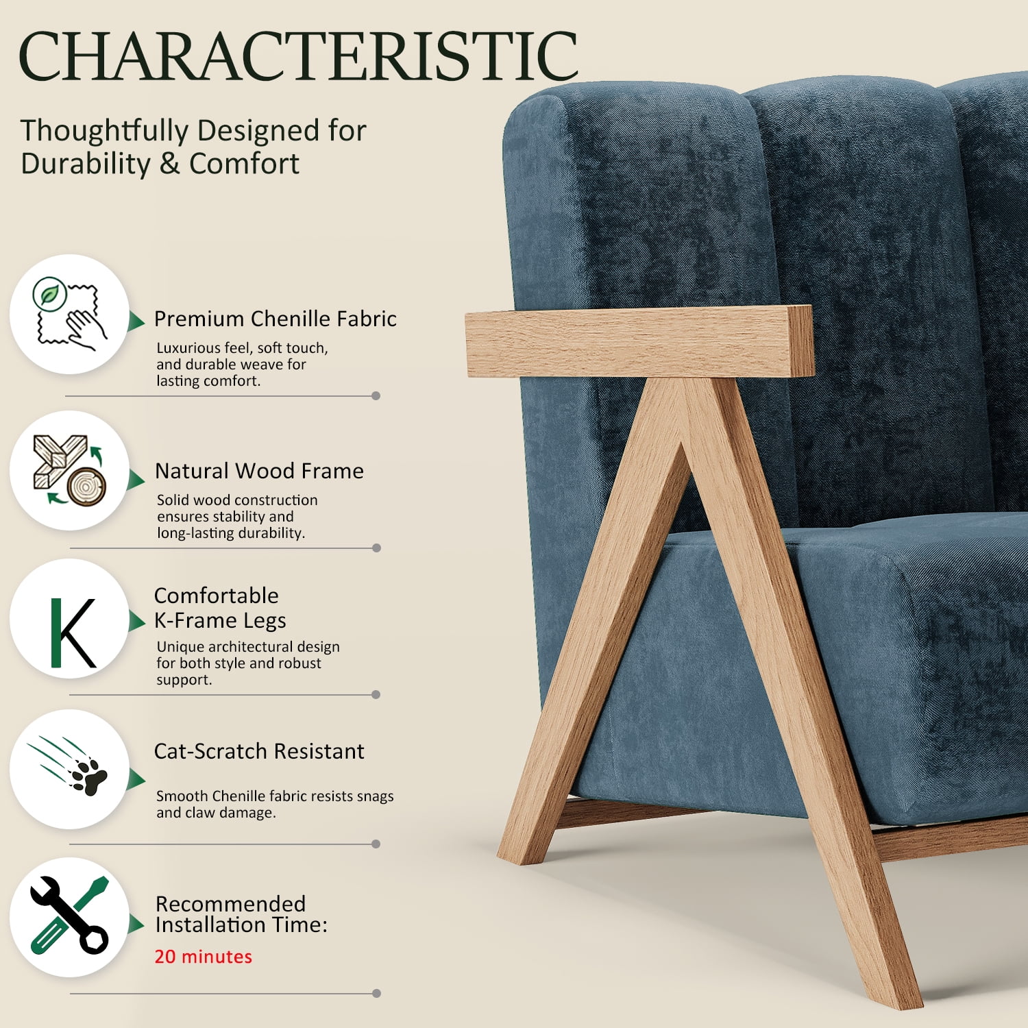 Modern Accent Chair Set of 2 for Living Room Bedroom,Comfy Chenille Reading Chair with Wood Frame,Upholstered Lounge Armchair with Thick High-Elastic Sponge for Apartment & Waiting Room,Blue