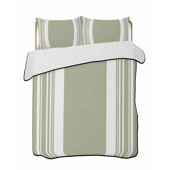 Quilts Twin-XL Size Bedding Set, Farmhouse Sage Green Lightweight Quilted Comforter, Aesthetic Modern Line Striped Soft Reversible Bedspread Coverlet with Pillow Covers for All Season, 68" x 98"