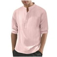 thumbnail image 2 of Blusa y camisa de manga larga con cuello alto para hombre, de lino, informal, lisa, con botones, cuello alto y bolsillo, de manga larga, de algodón y poliéster., 2 of 8