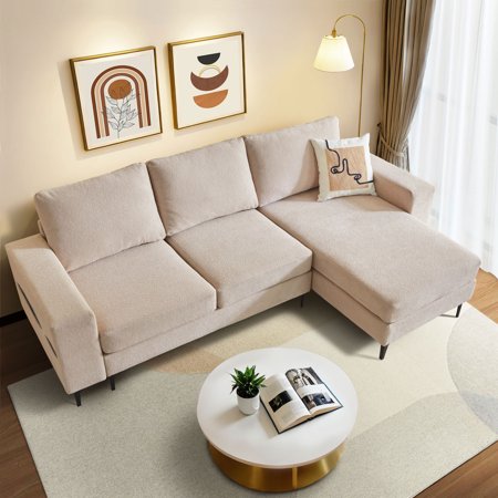 Ovios 97" Velvet Sectional Sofa with L-shaped Chaise Modern Minimalist Upholstered 3-Seater Couch for Living Room, Beige