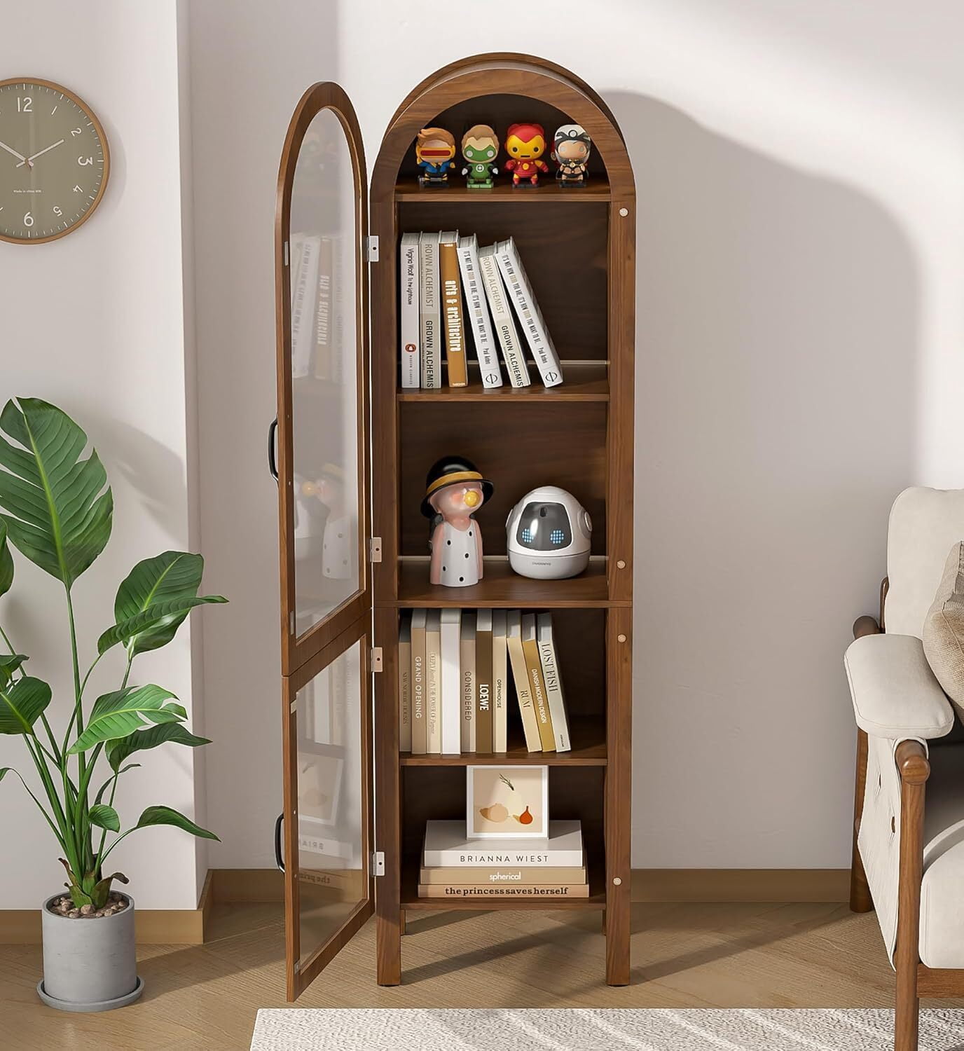 Fsbecl Tall Arched Storage Display Cabinet, Kitchen Pantry Cabinet with Doors, Walnut