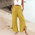 thumbnail image 4 of Women Linen Pants Summer Ruffle Wide Leg Palazzo Pants Dressy Smocked Waist Wide Leg Pant Boho Flowy Beach Pant Yellow 3XL, 4 of 7