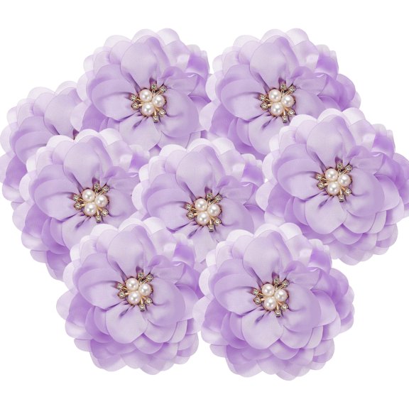 3.15 in Rhinestone Chiffon Flower, 10 Pcs Fabric Flowers Rhinestone Pearl Large Camellia Sewing Appliques for DIY Crafts Dresses Clothing Headbands Wedding Party Decoration, Light Purple