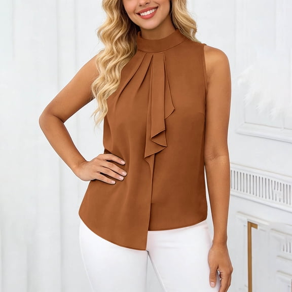 Womens Elegant Tank Tops Crewneck Sleeveless Flowy Pleated Solid Color Blouses Summer Fashion Shirts Brown M
