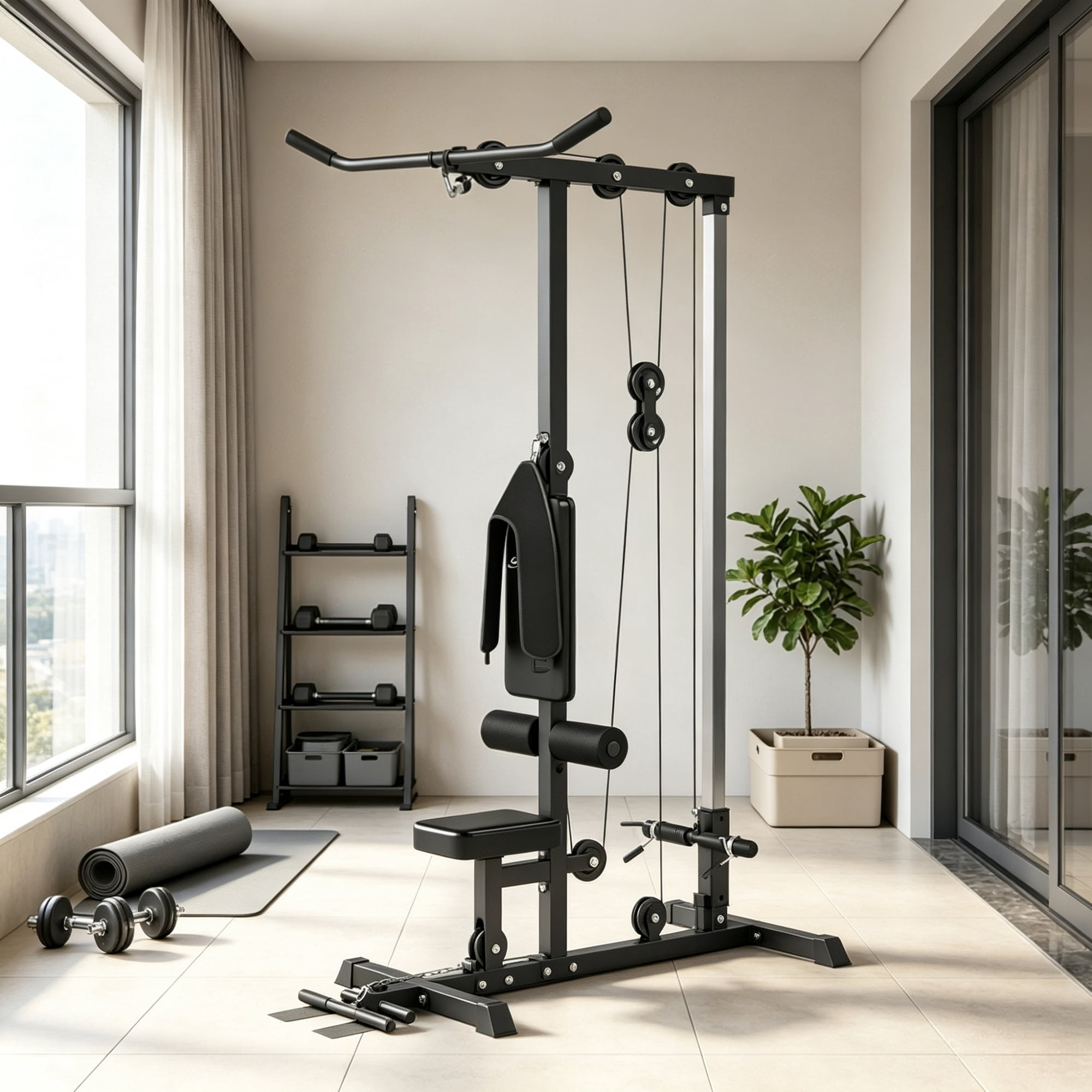 Pull Down Machine with Adjustable Seat And Flip-Up Footplate High/Low Pulley Home Gym Equipment Black