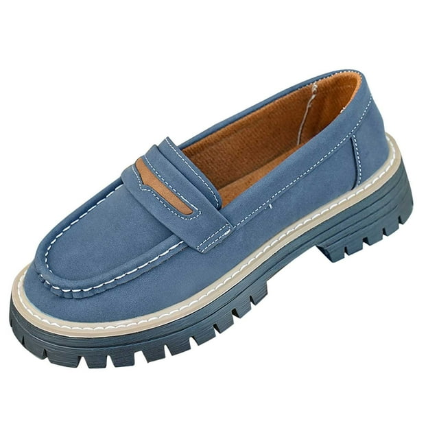 Women's Mid Heel Loafers Fashionable Frosted Round Toe Thick Sole Shoes