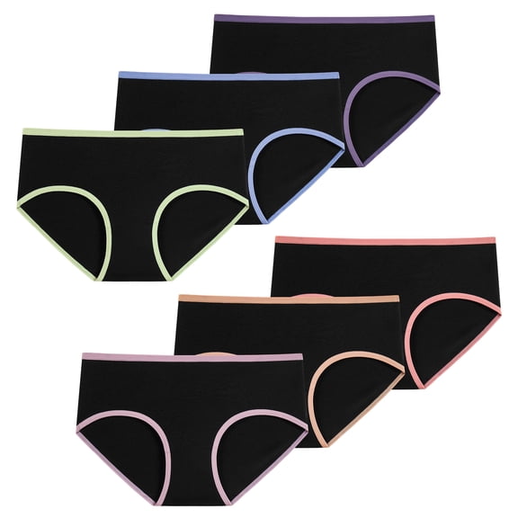INNERSY Girls Underwear Cotton Briefs Panties for Teens 6-Pack(12-14years,Black & Contrast Stitch)