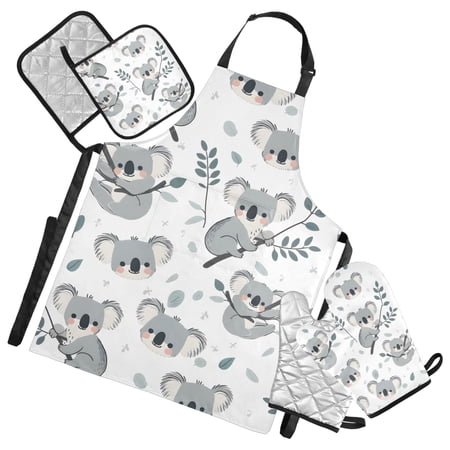 Koala and Plant 5 Pcs Kitchen Set Heat Resistant Oven Mitts and Non-Slip Pot Holders with Adjustable Cooking Apron