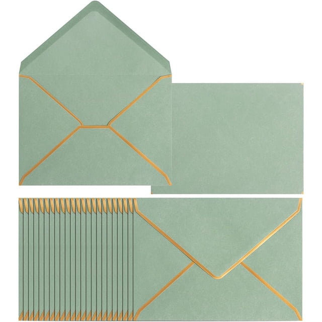 Homtable 50 Pack Sage Green A7 Envelopes 5 x 7 Self-Adhesive V Flap Envelopes with Gold Border for Office, Greeting Card, Wedding, Graduation, Baby Shower, Parties, Invitations (Sage Green, 5x7)