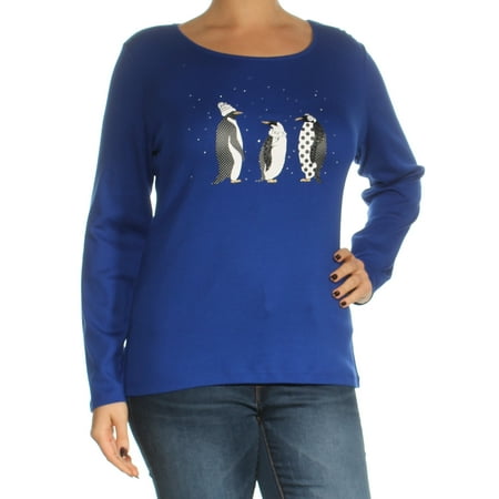 Rhinestone Printed Top - KAREN SCOTT Womens Blue Rhinestone Printed Long Sleeve Scoop Neck Top Size: L