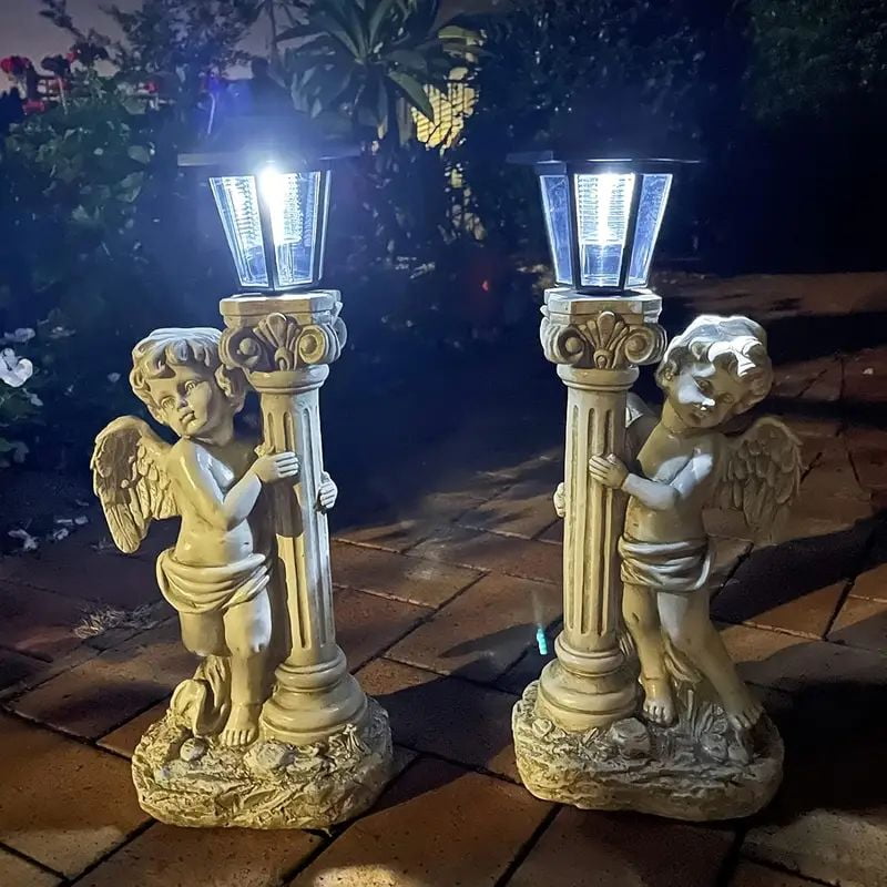 19.7 Inch Sunlight Angel Sculpture, Roman Pillar Angel Garden Statue, Outdoor Solar Path Light Garden Landscape Decoration (Right, Left)