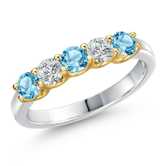 Gem Stone King 10K Two Tone Gold Swiss Blue Topaz and Lab Grown Diamond Wedding-Bands Ring for Women | 0.94 Cttw | Round 3.5MM | Gemstone November Birthstone | Size 7