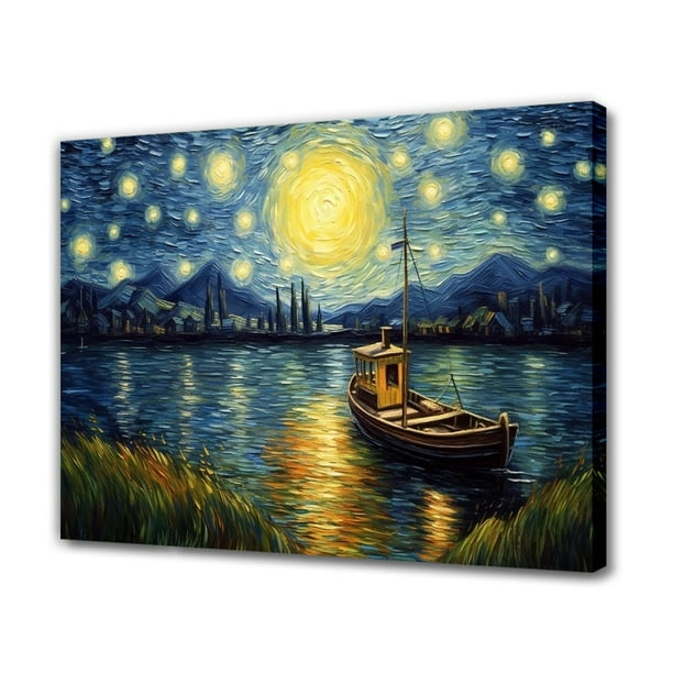 Póster de lienzo con un pequeño barco navegando por un río tranquilo por la noche, decoración de dormitorio, paisaje deportivo, decoración de oficina, regalo, estilo marco, 20 x 30 cm