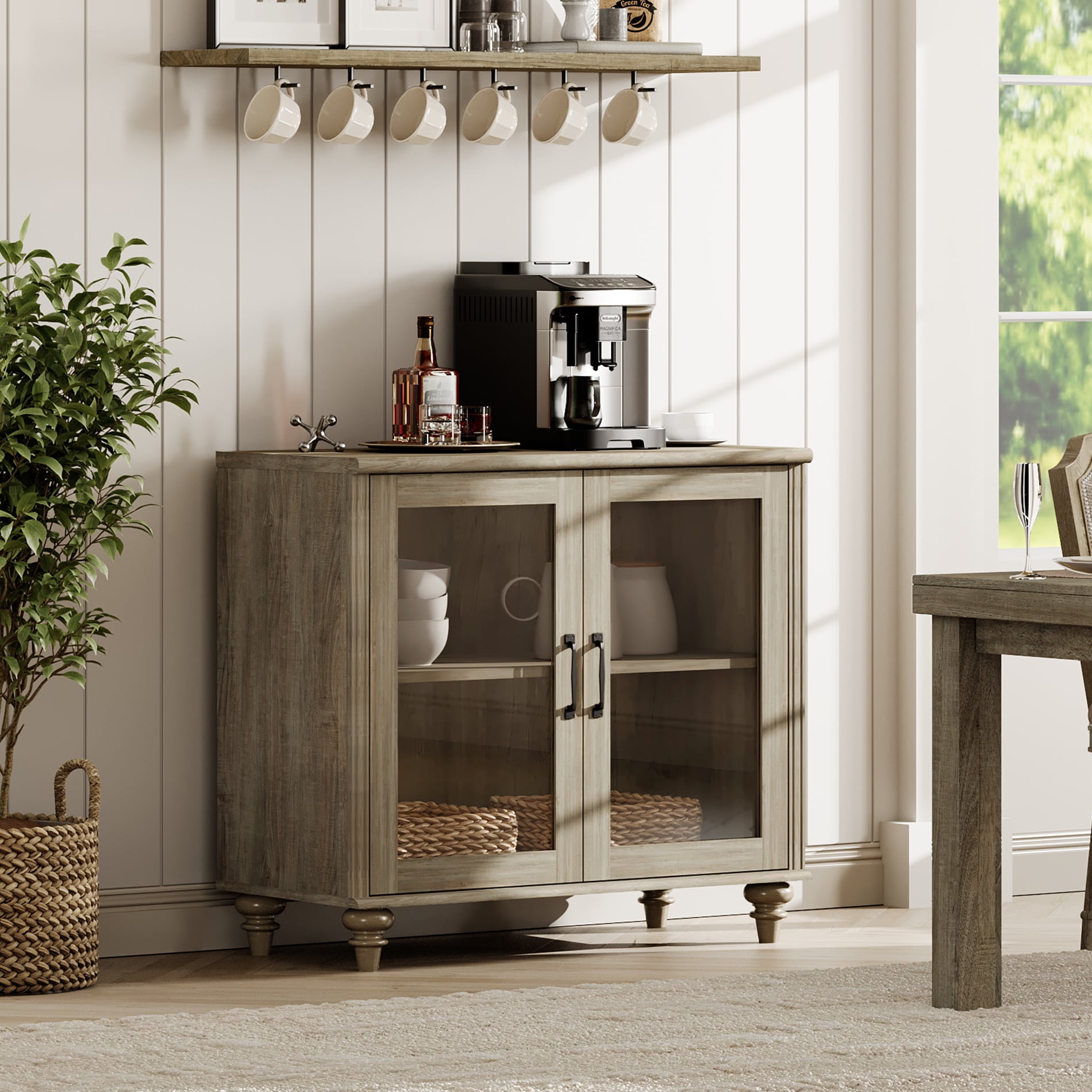 Buffet Cabinet with Glass Door, Kitchen Storage Cabinets with Adjustable Shelf, 34 inch, Wash Gray