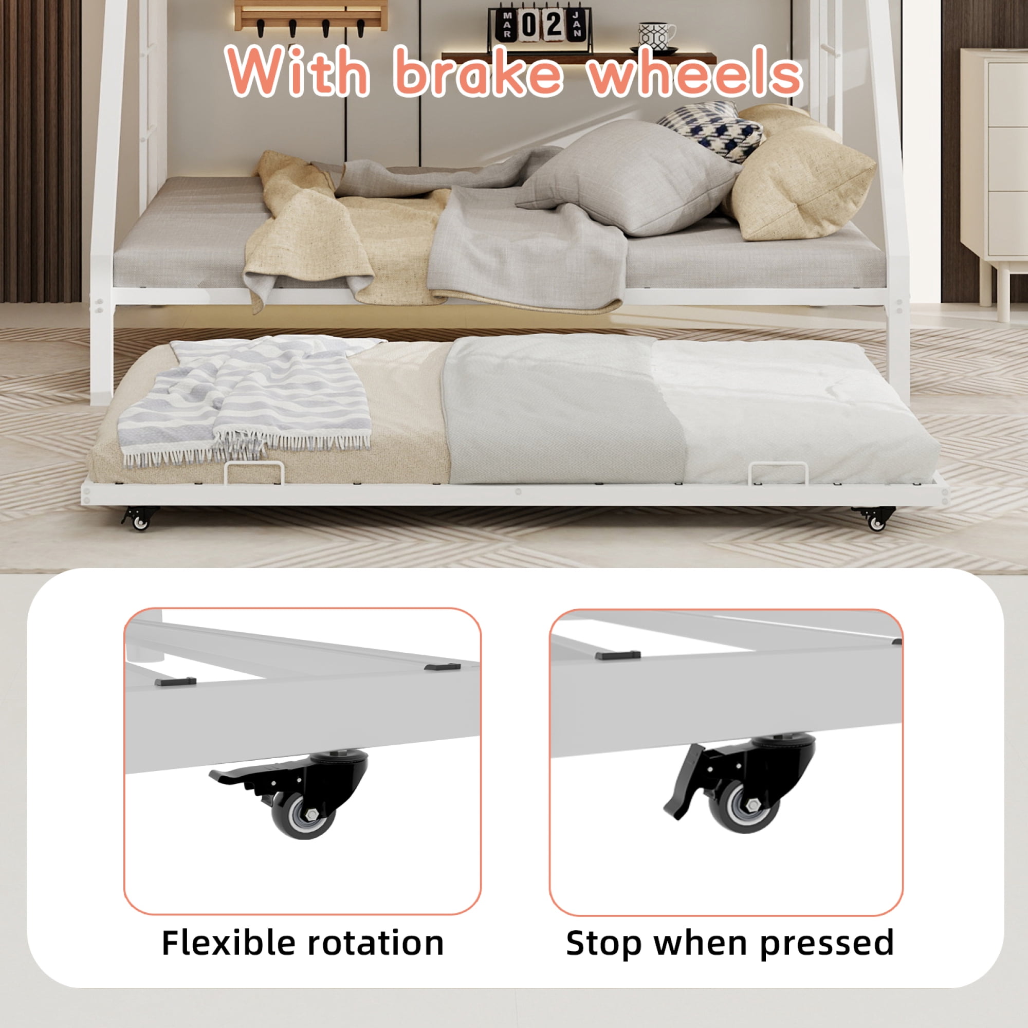 Leumius Metal Twin over Full Bunk Bed with Trundle, Space Saving Bunk Bed Frame with Ladder and Guardrails for Dorm, Apartment,White