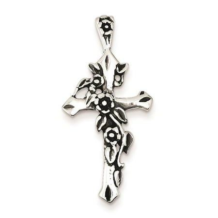 Sterling Silver Antiqued Flowered Cross Polished Charm Pendant 34mmx16mm